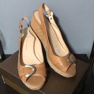 Open toe sling back wedges